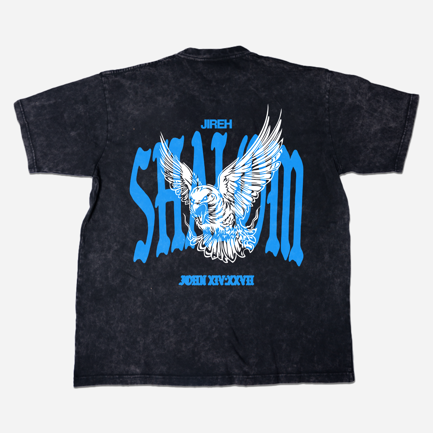 Vintage washed black t-shirt with Jireh Shalom text, dove graphic, and John 14:27 scripture