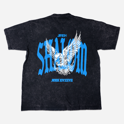 Vintage washed black t-shirt with Jireh Shalom text, dove graphic, and John 14:27 scripture